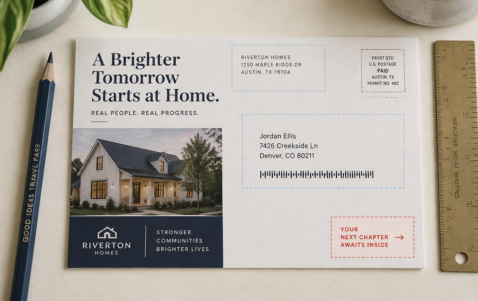 Postcard address side with pre-flight zones marked